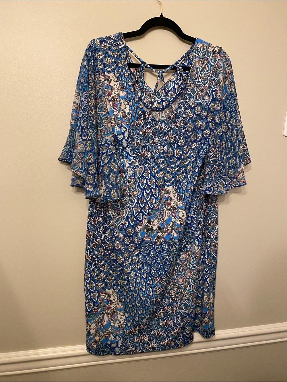 Blue Paisley-Print Midi Dress with Flutter Sleeves